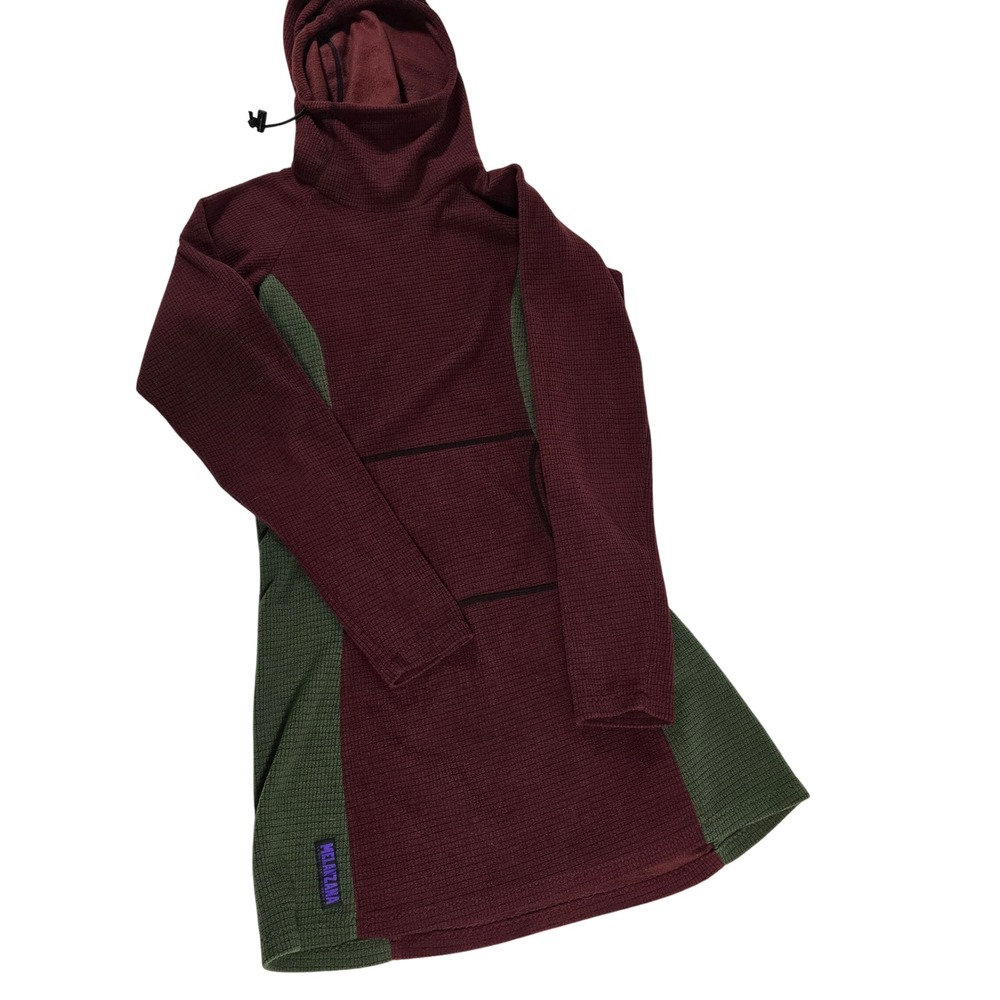 Melanzana Micro Grid Fleece Hoodie Dress Burgundy Olive Green Womens Small